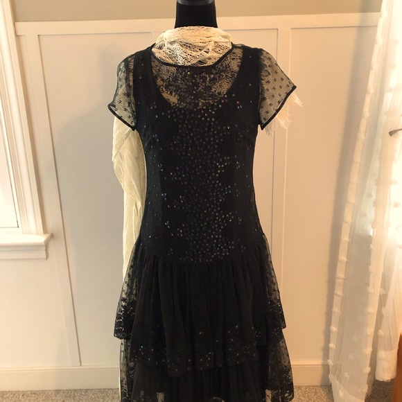Black Lace Sequin 1920’s Downton Abbey Slip Dress with Lace Overlay. 8 Medium - Picture 2 of 12